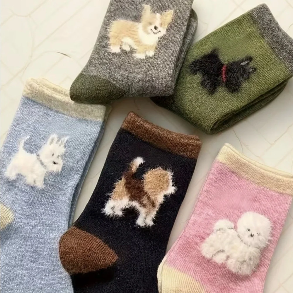 Women’s Socks  & Hosiery 4 Pairs Fuzzy Puppy Pattern Socks Warm Mid Tube Socks